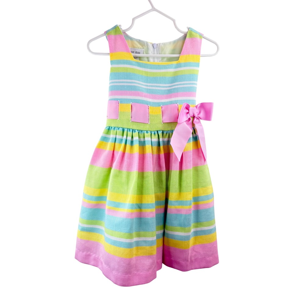 Bonnie Jean‎ Girls Pastel Striped Sleeveless Party Dress Pink Blue Yellow Bow 2T